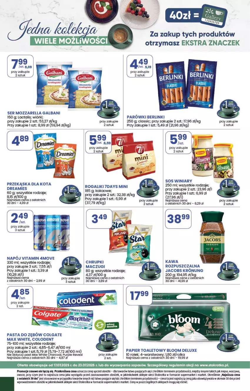 Gazetka promocyjna Stokrotka - Market - ważna 17.07 do 23.07.2025 - strona 20 - produkty: Berlinki, Chrupki, Colgate, Galbani, Jacobs, Kawa, LG, Mięso, Mozzarella, Napój, Owoce, Papier, Papier toaletowy, Parówki, Pasta do zębów, Pur, Rogal, Ser, Sos, Warzywa, Winiary