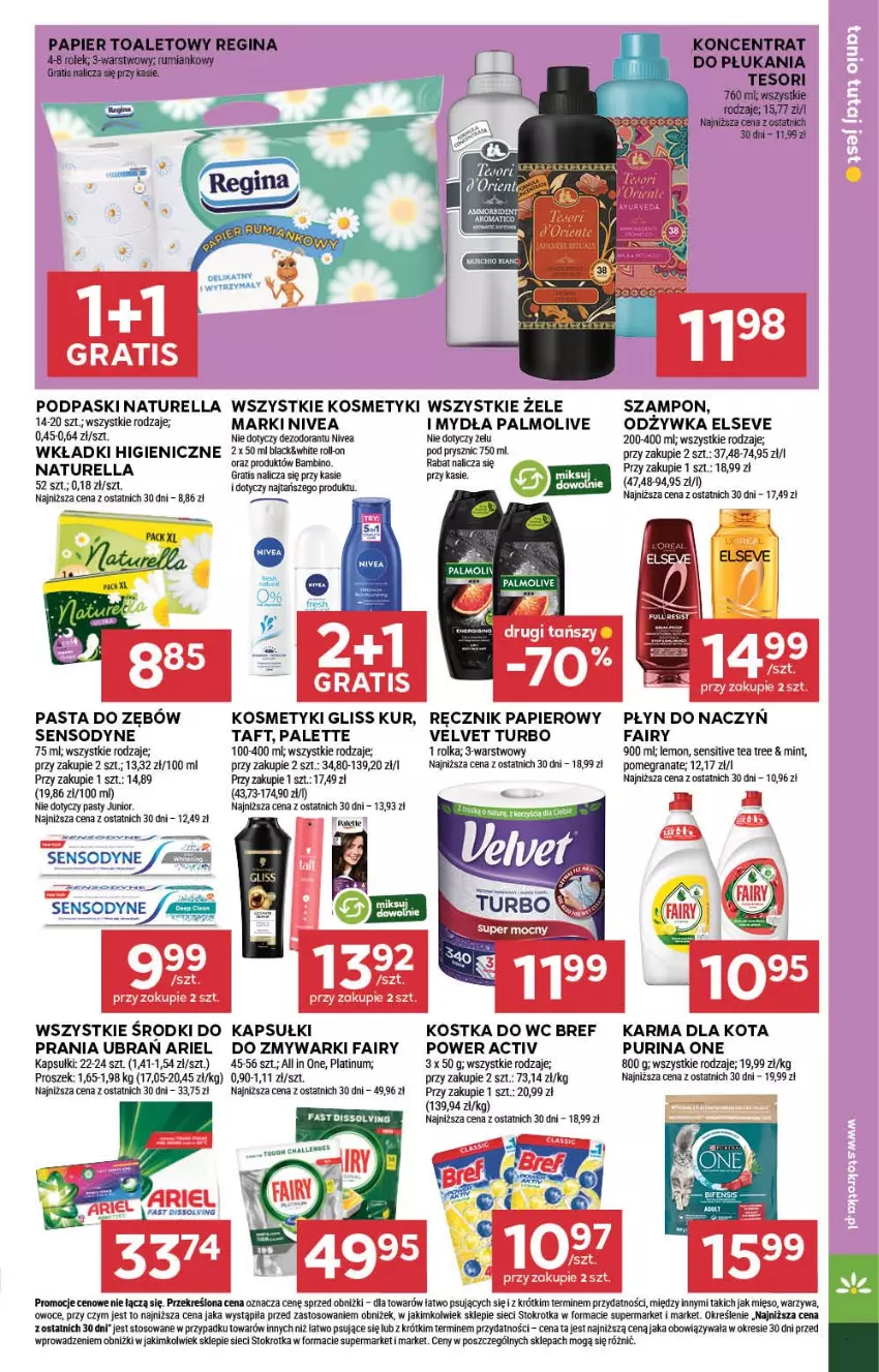 Gazetka promocyjna Stokrotka - Market - ważna 17.07 do 23.07.2025 - strona 25 - produkty: Ariel, Bref, Dezodorant, Elseve, Fa, Fairy, Gin, Gliss Kur, Gra, Granat, Kostka do wc, Lack, Mięso, Naturell, Naturella, Nivea, Odżywka, Owoce, Palette, Palmolive, Papier, Pasta do zębów, Podpaski, Pur, Purina, Ręcznik, Rum, Sensodyne, Szampon, Taft, Tea tree, Velvet, Warzywa, Wkładki, Zmywarki