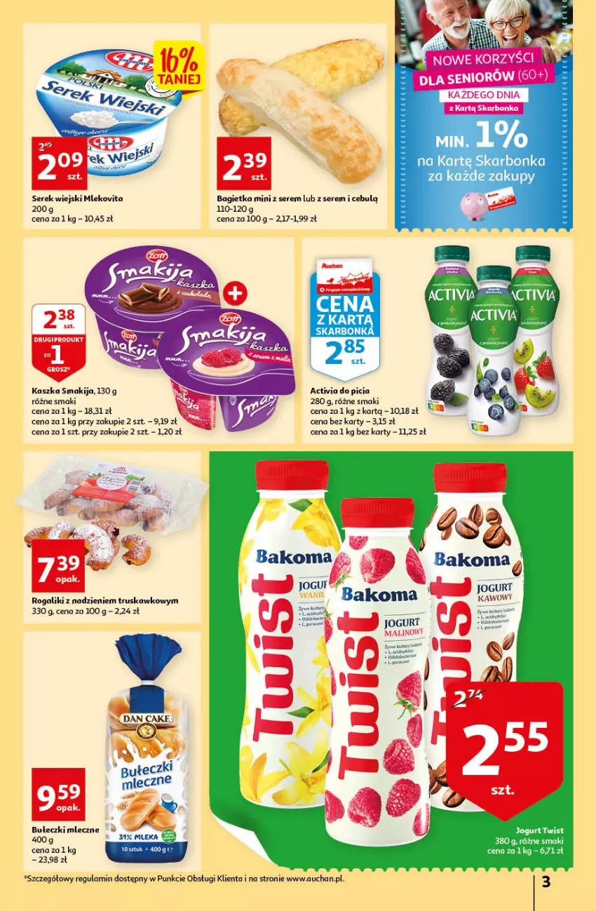 Gazetka promocyjna Auchan - przeNISKIE CENY Prze SŁONECZNE oferty Hipermarkety - ważna 30.06 do 06.07.2022 - strona 3 - produkty: Activia, Bagietka, Bakoma, Bułeczki, Bułeczki mleczne, Dan Cake, Jogurt, LG, Mleko, Mlekovita, Rogal, Ser, Serek, Serek wiejski, Smakija