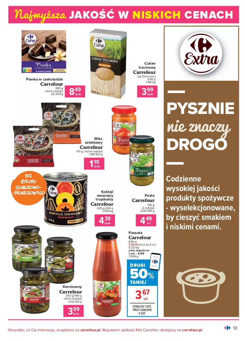 Gazetka promocyjna Carrefour - Gazetka Produkt Carregour - ważna 01.02 do 13.02.2021 - strona 13 - produkty: Cukier, Cukier trzcinowy, Korniszony, Pesto, Pianka w czekoladzie, Sałat, Sok, Syrop