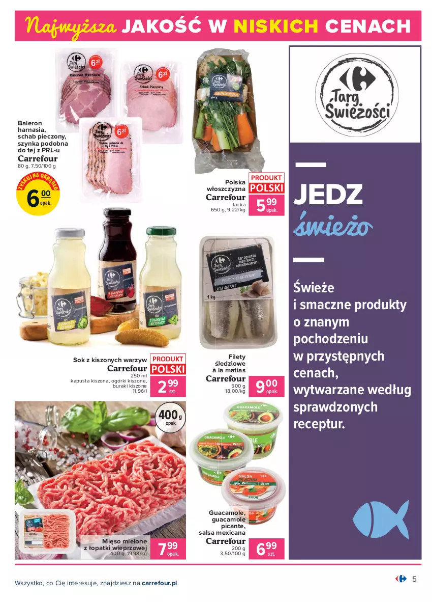 Gazetka promocyjna Carrefour - Gazetka Produkt Carregour - ważna 01.02 do 13.02.2021 - strona 5 - produkty: Amol, Buraki, Mięso, Mięso mielone, Mięso mielone z łopatki wieprzowej, Piec, Salsa, Schab pieczony, Sok, Sok z kiszonych warzyw, Szynka