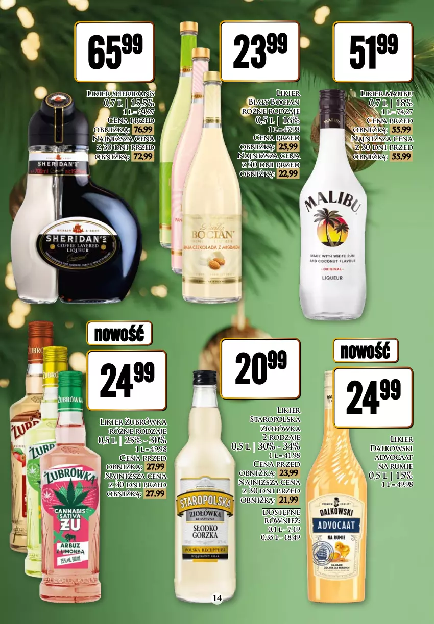 Gazetka promocyjna Dino - Katalog alkoholowy 18.12 - 30.12 - ważna 18.12 do 30.12.2023 - strona 14 - produkty: Advocaat, Biały Bocian, Likier, Malibu, Rum, Sheridan's