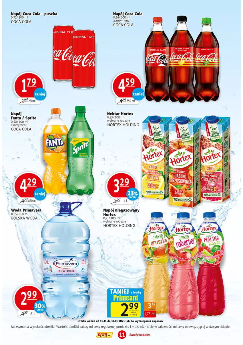 Gazetka promocyjna Prim Market - Gazetka - ważna 11.11 do 17.11.2021 - strona 11 - produkty: Fa, Fanta, Gin, Hortex, Napój, Napój niegazowany, Nektar, Prima, Primavera, Sok, Sprite, Woda