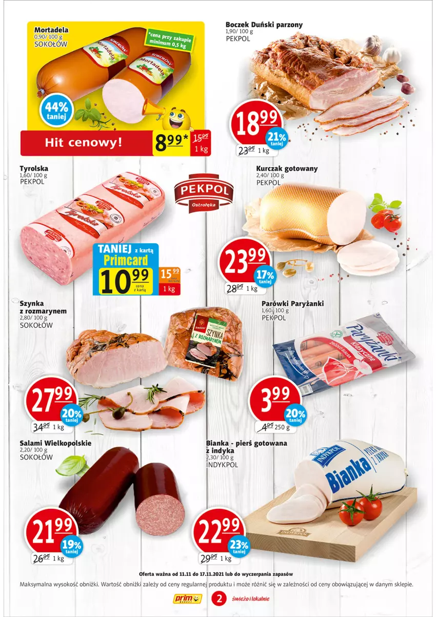 Gazetka promocyjna Prim Market - Gazetka - ważna 11.11 do 17.11.2021 - strona 2 - produkty: Bianka, Boczek, Kurczak, Kurczak gotowany, Parówki, Pekpol, Ryż, Salami, Sok, Sokołów, Szynka