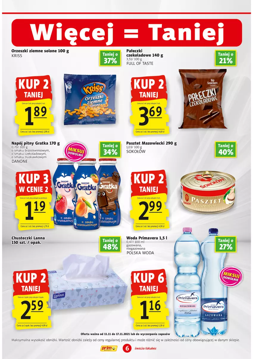 Gazetka promocyjna Prim Market - Gazetka - ważna 11.11 do 17.11.2021 - strona 6 - produkty: Chusteczki, Danone, Gra, Napój, Orzeszki, Orzeszki ziemne, Prima, Primavera, Sok, Sokołów, Woda, Woda niegazowana