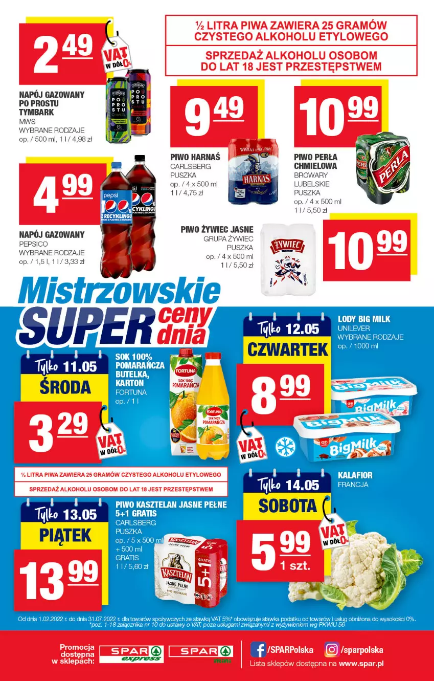 Gazetka promocyjna Spar - SparExpress - ważna 01.05 do 11.05.2022 - strona 4 - produkty: Big Milk, Carlsberg, Fortuna, Gra, Kasztelan, Lody, Napój, Napój gazowany, Pepsi, Perła, Piwo, Sok, Tymbark