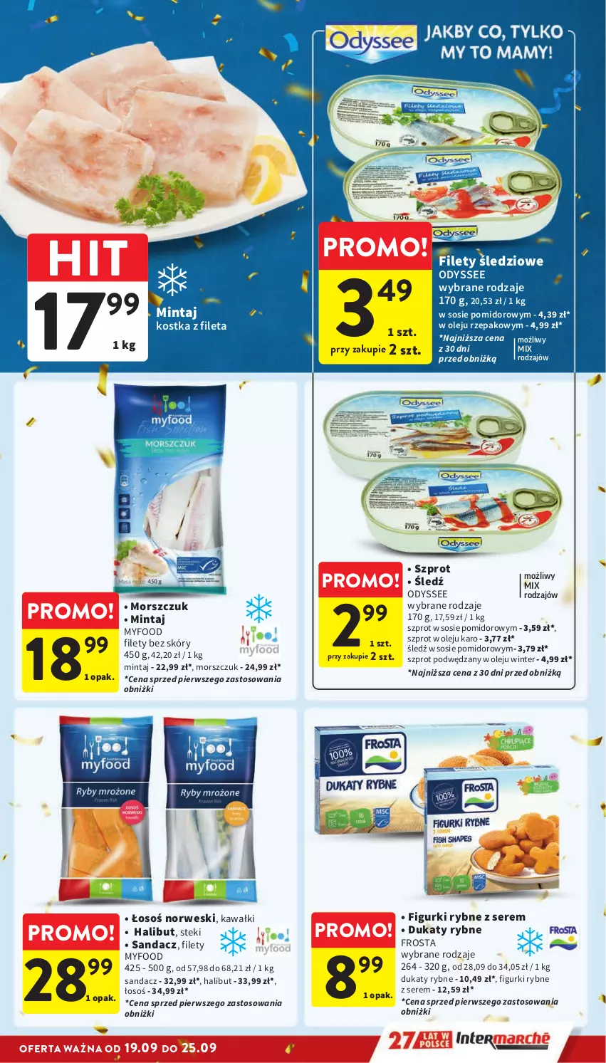 Gazetka promocyjna Intermarche - Gazetka Intermarche - ważna 19.09 do 25.09.2024 - strona 17 - produkty: Frosta, Halibut, Kawa, Mintaj, Olej, Sandacz, Ser, Sos, Stek, Szprot, Szprot w sosie