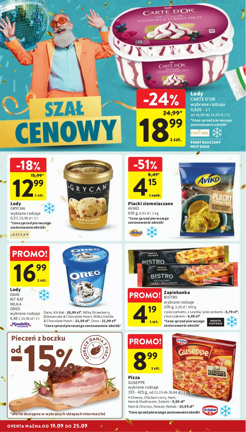 Gazetka promocyjna Intermarche - Gazetka Intermarche - ważna 19.09 do 25.09.2024 - strona 18 - produkty: Carte d'Or, Gry, Kebab, Kit Kat, Kurczak, Lack, Lody, Milka, Mus, Oreo, Piec, Pieczarka, Pizza, Salami, Zapiekanka