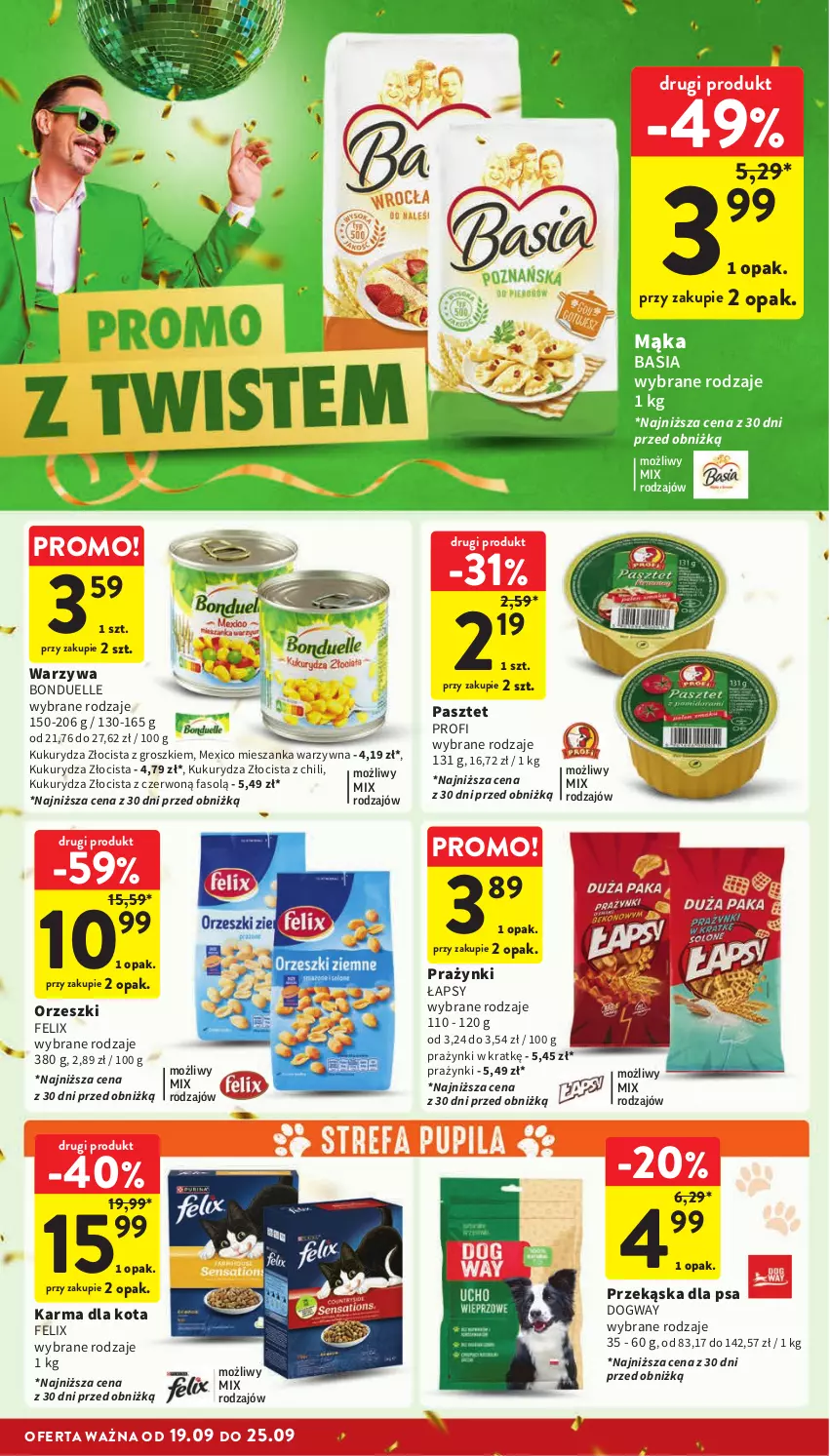 Gazetka promocyjna Intermarche - Gazetka Intermarche - ważna 19.09 do 25.09.2024 - strona 22 - produkty: Basia, Bonduelle, Fa, Felix, Kukurydza, Mąka, Mieszanka warzyw, Orzeszki, Pasztet, Warzywa