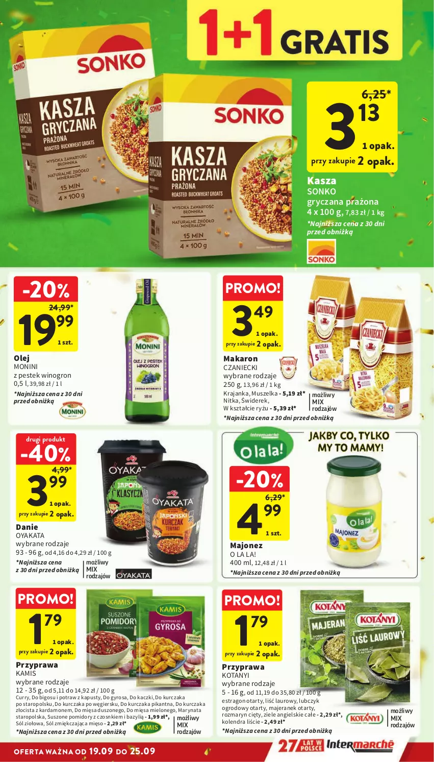 Gazetka promocyjna Intermarche - Gazetka Intermarche - ważna 19.09 do 25.09.2024 - strona 23 - produkty: Bazyl, Bigos, Gry, Gyros, Kamis, Kasza, Kolendra, Kurczak, Laur, Majonez, Makaron, Mięso, Monini, Mus, Olej, Pomidory, Ryż, Sól, Sól zmiękczająca, Sól zmiękczająca mięso, Sonko, Stek, Suszone pomidory, Wino, Ziele angielskie