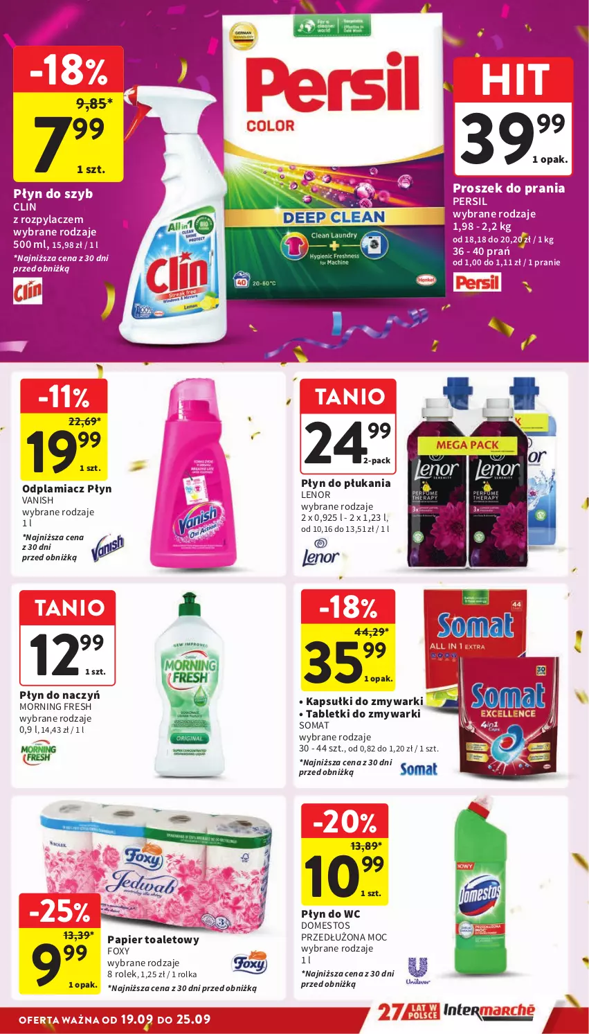 Gazetka promocyjna Intermarche - Gazetka Intermarche - ważna 19.09 do 25.09.2024 - strona 33 - produkty: Clin, Domestos, Foxy, Lenor, Odplamiacz, Papier, Papier toaletowy, Persil, Płyn do płukania, Płyn do szyb, Płyn do wc, Proszek do prania, Somat, Tablet, Tabletki do zmywarki, Vanish, Zmywarki