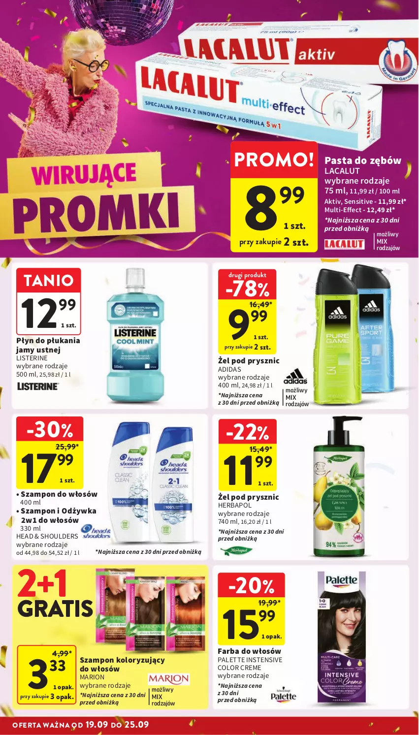 Gazetka promocyjna Intermarche - Gazetka Intermarche - ważna 19.09 do 25.09.2024 - strona 34 - produkty: Adidas, Color Creme, Fa, Farba do włosów, Gra, Herbapol, Lacalut, Listerine, Odżywka, Palette, Pasta do zębów, Płyn do płukania, Płyn do płukania jamy ustnej, Szampon