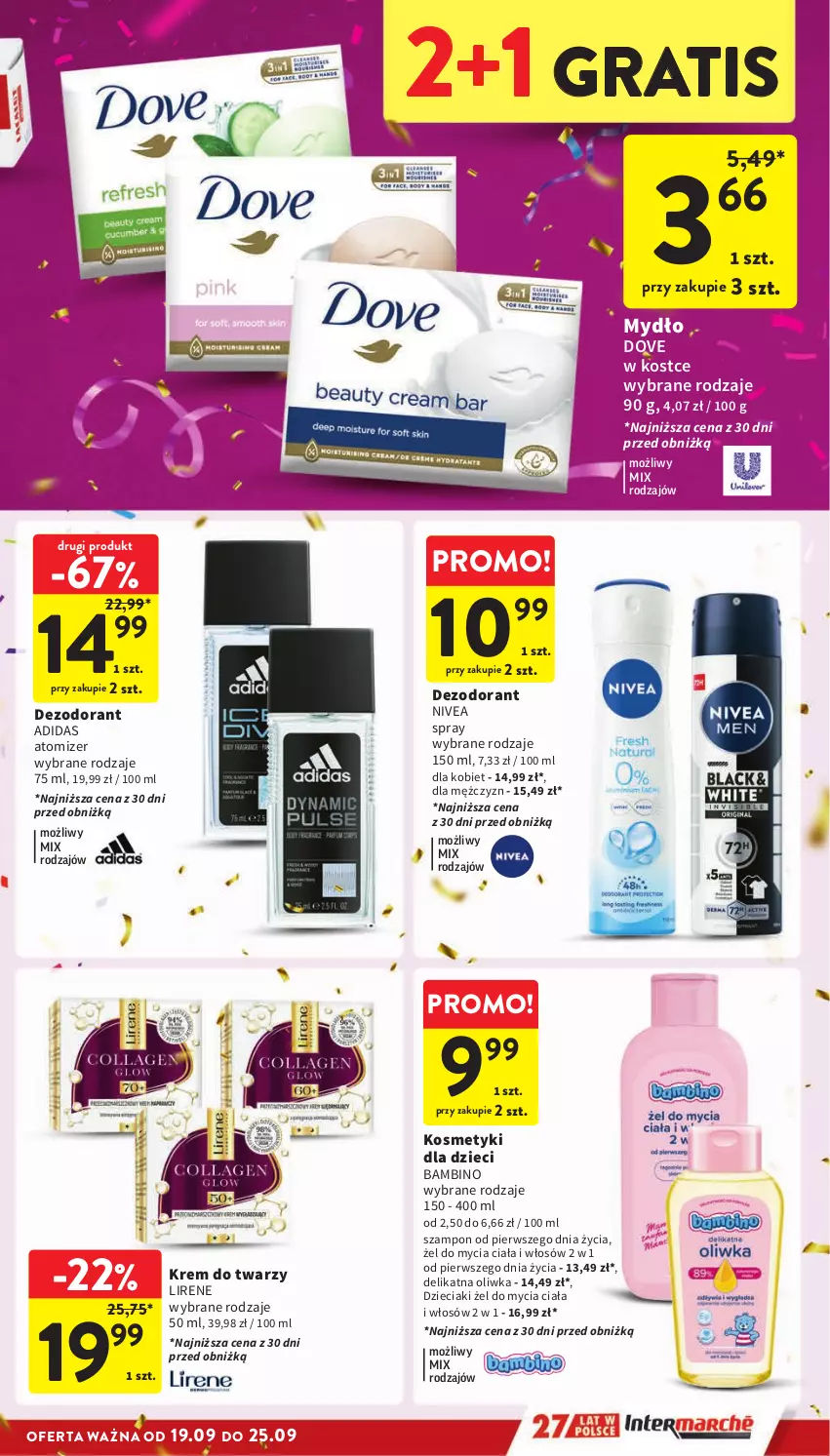 Gazetka promocyjna Intermarche - Gazetka Intermarche - ważna 19.09 do 25.09.2024 - strona 35 - produkty: Adidas, Dezodorant, Dove, Dzieci, Gra, Kosmetyki dla dzieci, Krem do twarzy, Lirene, Mydło, Nivea, Szampon