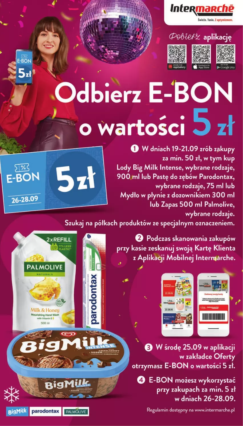 Gazetka promocyjna Intermarche - Gazetka Intermarche - ważna 19.09 do 25.09.2024 - strona 45 - produkty: Big Milk, Dozownik, Lody, Mobil, Mydło, Mydło w płynie, Palmolive, Parodontax, Półka