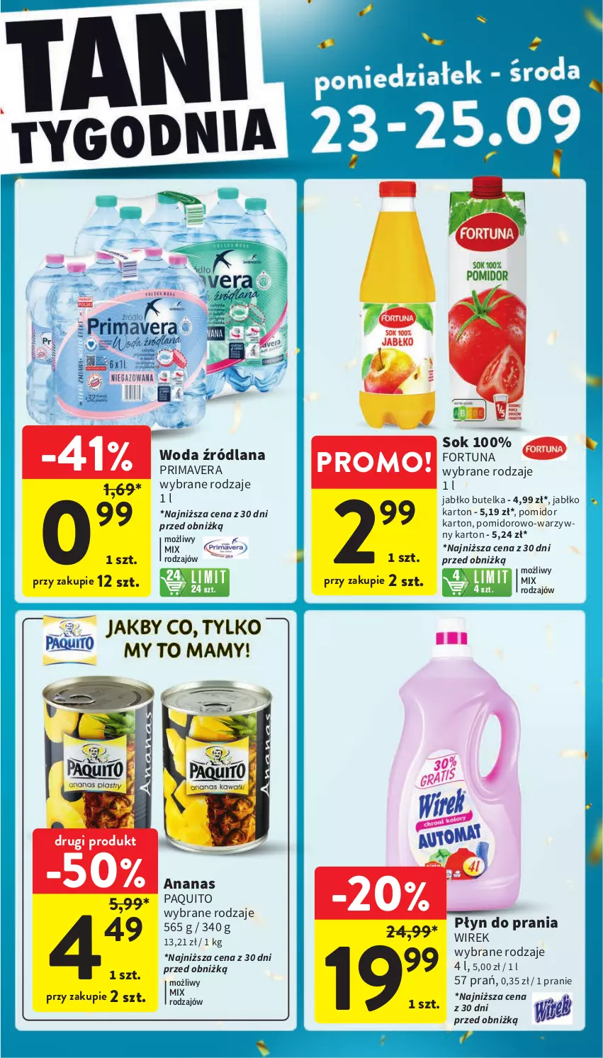 Gazetka promocyjna Intermarche - Gazetka Intermarche - ważna 19.09 do 25.09.2024 - strona 47 - produkty: Ananas, Fortuna, LANA, Płyn do prania, Prima, Primavera, Sok, Woda