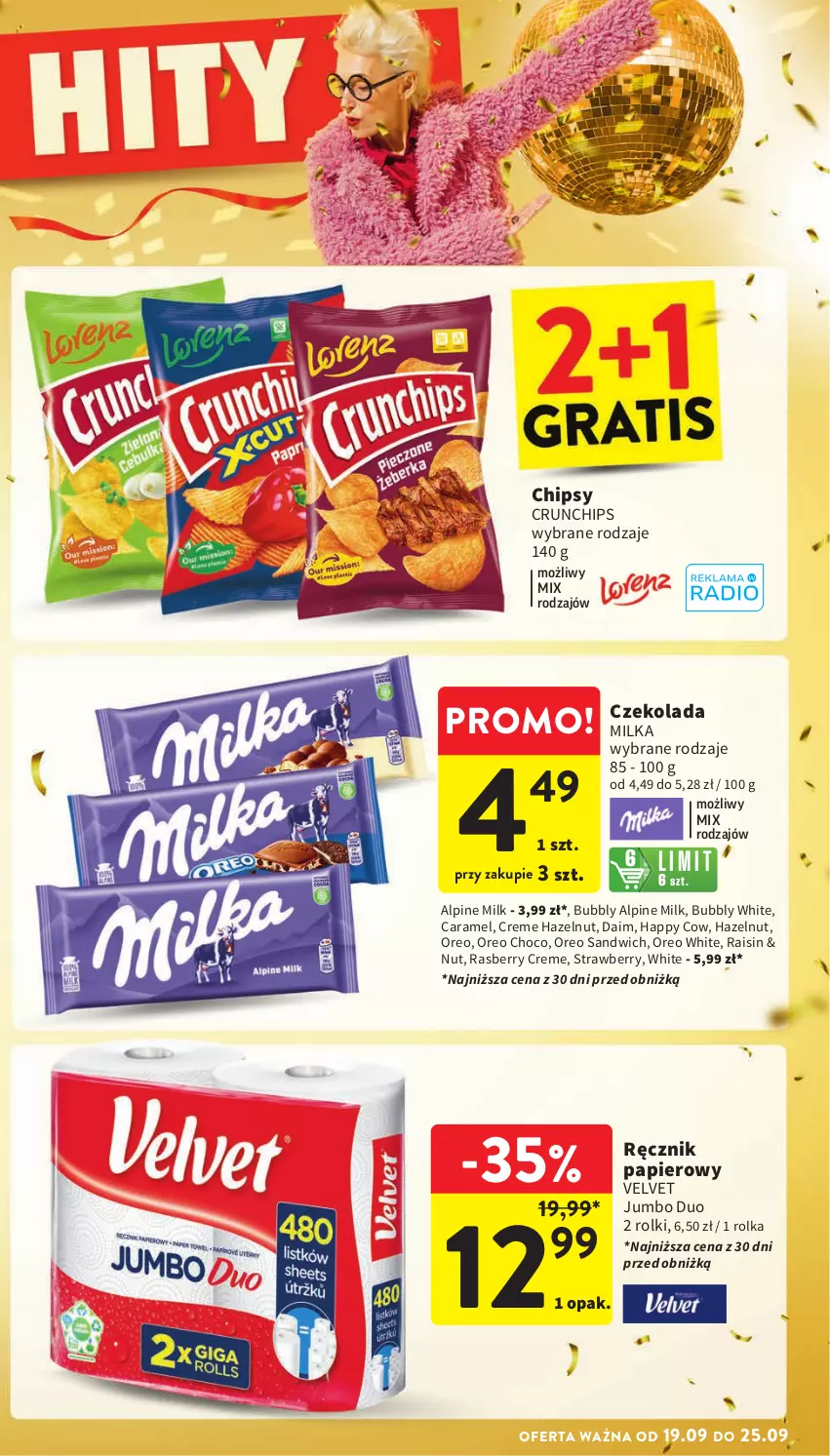 Gazetka promocyjna Intermarche - Gazetka Intermarche - ważna 19.09 do 25.09.2024 - strona 5 - produkty: Chipsy, Crunchips, Czekolada, Milka, Oreo, Papier, Ręcznik, Rolki, Velvet