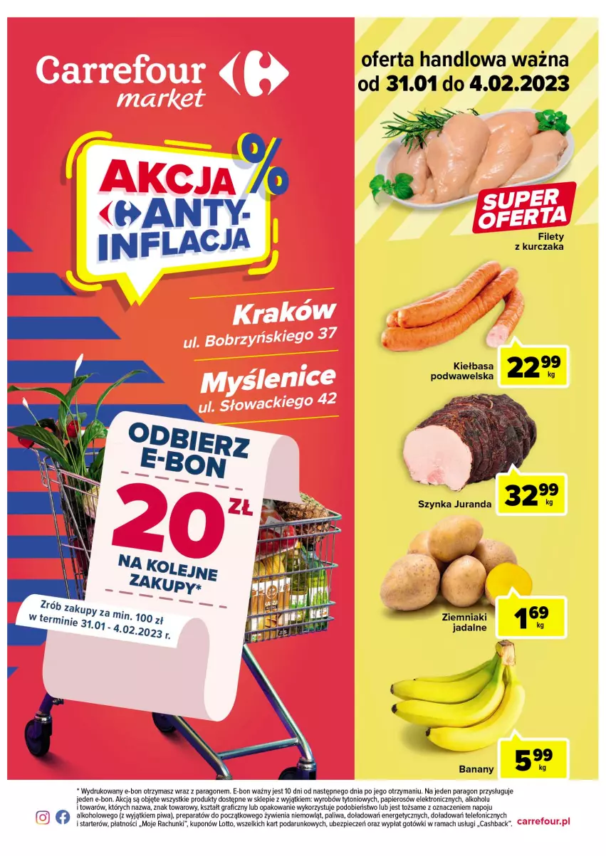 Gazetka promocyjna Carrefour - Gazetka Market Kraków, Myślenice - ważna 31.01 do 04.02.2023 - strona 1 - produkty: Banany, Gra, Kiełbasa, Kurczak, Papier, Piec, Piwa, Rama, Szynka, Telefon, Wawel, Ziemniaki