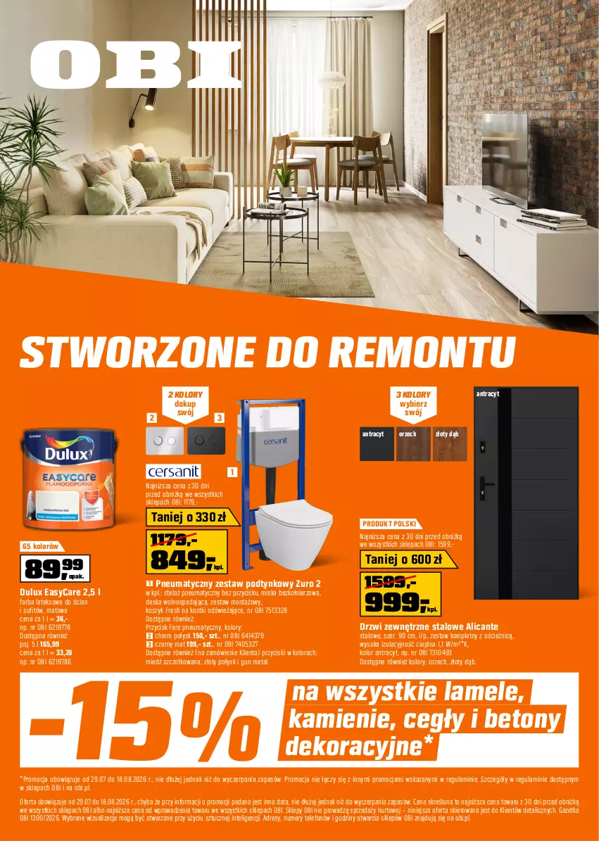 Gazetka promocyjna Obi - Gazetka OBI - ważna 29.07 do 18.08.2026 - strona 1 - produkty: Deska wolnoopadająca, Dres, Drzwi, Drzwi zewnętrzne, Dulux, Fa, Farba lateksowa, Intel, Kosz, Miska, Sok, Telefon