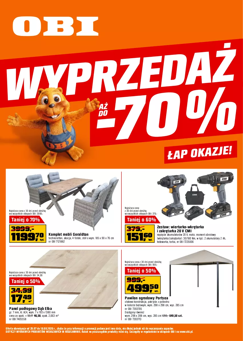 Gazetka promocyjna Obi - Gazetka OBI - ważna 29.07 do 18.08.2026 - strona 11 - produkty: Akumulator, Fotel, Panel podłogowy, Por, Stół, Tarka, Torba, Warka, Wkręt, Wkrętarka