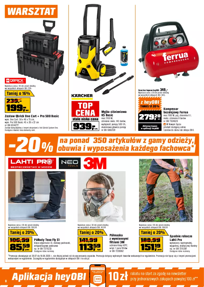 Gazetka promocyjna Obi - Gazetka OBI - ważna 29.07 do 18.08.2026 - strona 8 - produkty: Buty, Fa, Kompresor, Maska, Myjka ciśnieniowa, Olej, Półbuty, Por, Ser, Spodnie, Top
