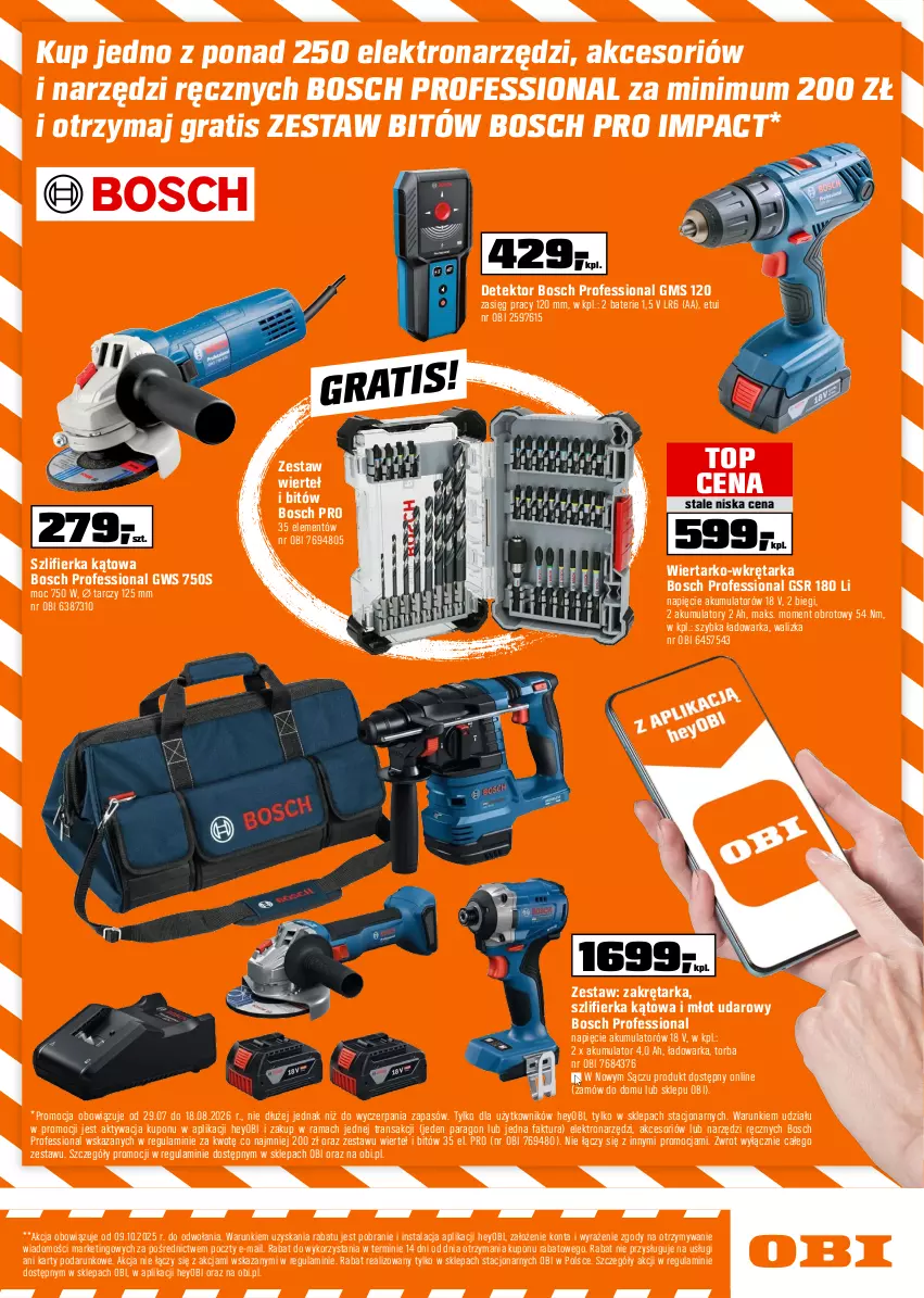 Gazetka promocyjna Obi - Gazetka OBI - ważna 29.07 do 18.08.2026 - strona 9 - produkty: Akumulator, Bosch, Fa, Gra, Młot, Młot udarowy, Rama, Szlifierka, Szlifierka kątowa, Tarka, Top, Torba, Tran, Walizka, Warka, Wkręt, Wkrętarka, Zestaw wierteł