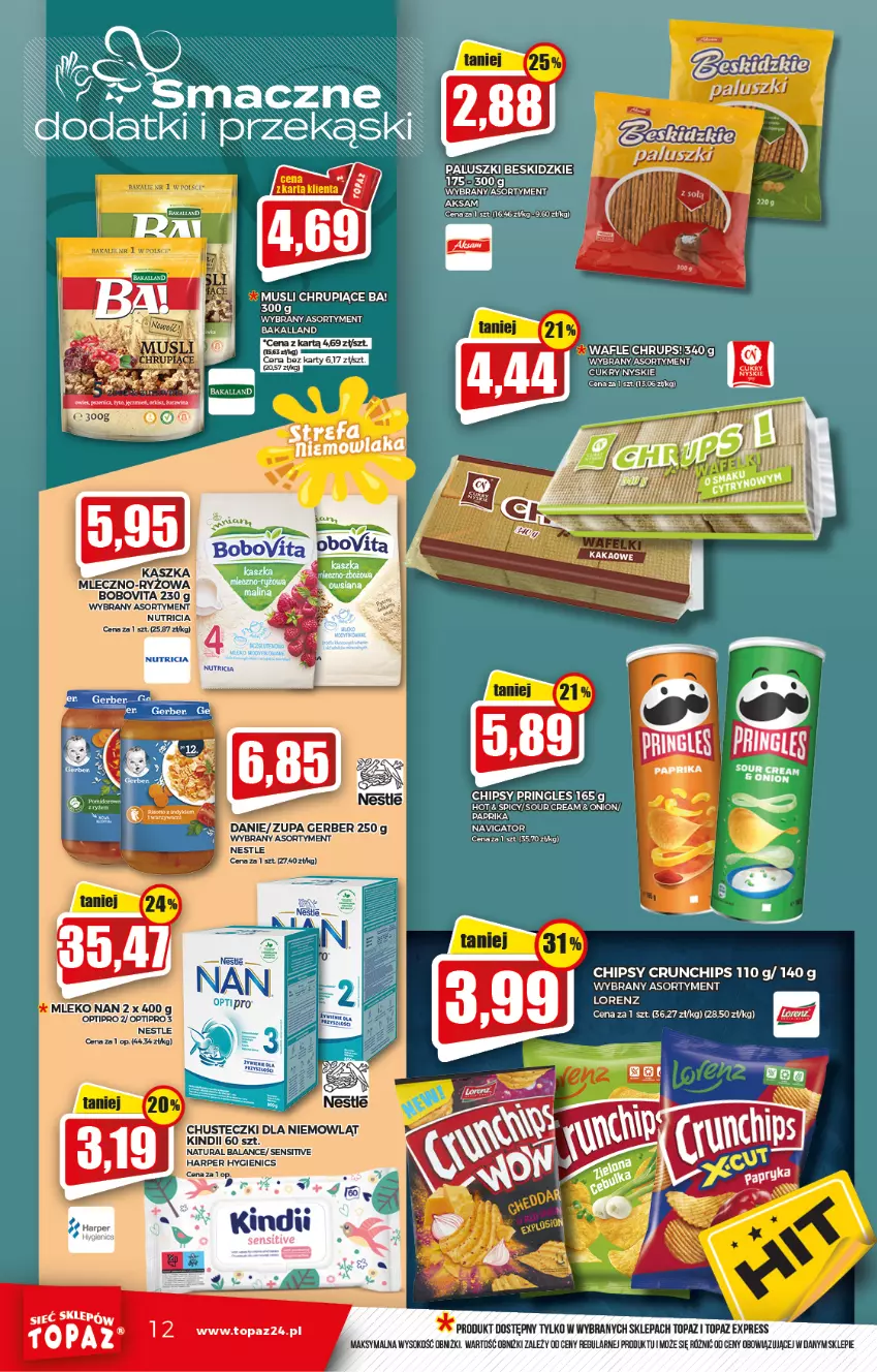 Gazetka promocyjna Topaz - Gazetka - ważna 24.02 do 02.03.2022 - strona 12 - produkty: Bakalland, Beskidzki, BoboVita, Chipsy, Chusteczki, Crunchips, Gerber, Kakao, Kindii, Lorenz, Mleko, Ryż, Sok, Top, Wafle, Zupa