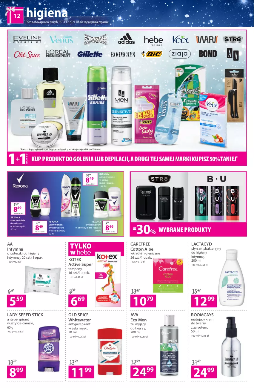 Gazetka promocyjna Hebe - Gazetka - ważna 16.12 do 29.12.2021 - strona 12 - produkty: Antyperspirant, Carefree, Chusteczki, Chusteczki do higieny, Dezodorant, Krem do twarzy, Lactacyd, Lady Speed Stick, Old Spice, Rexona, Str8, Tampony, Wkładki