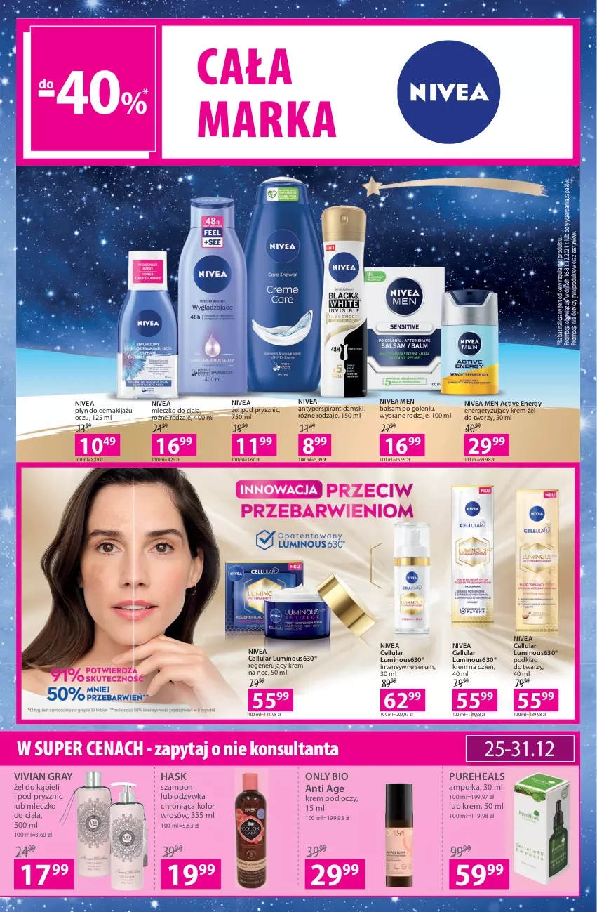 Gazetka promocyjna Hebe - Gazetka - ważna 16.12 do 29.12.2021 - strona 3 - produkty: Antyperspirant, Balsam po goleniu, Gra, Hask, Krem na dzień, Krem na noc, Krem pod oczy, Makijaż, Mleczko, Mleczko do ciała, Nivea, Nivea Men, Odżywka, Podkład, Podkład do twarzy, Pur, PureHeals, Rum, Ser, Serum, Szampon