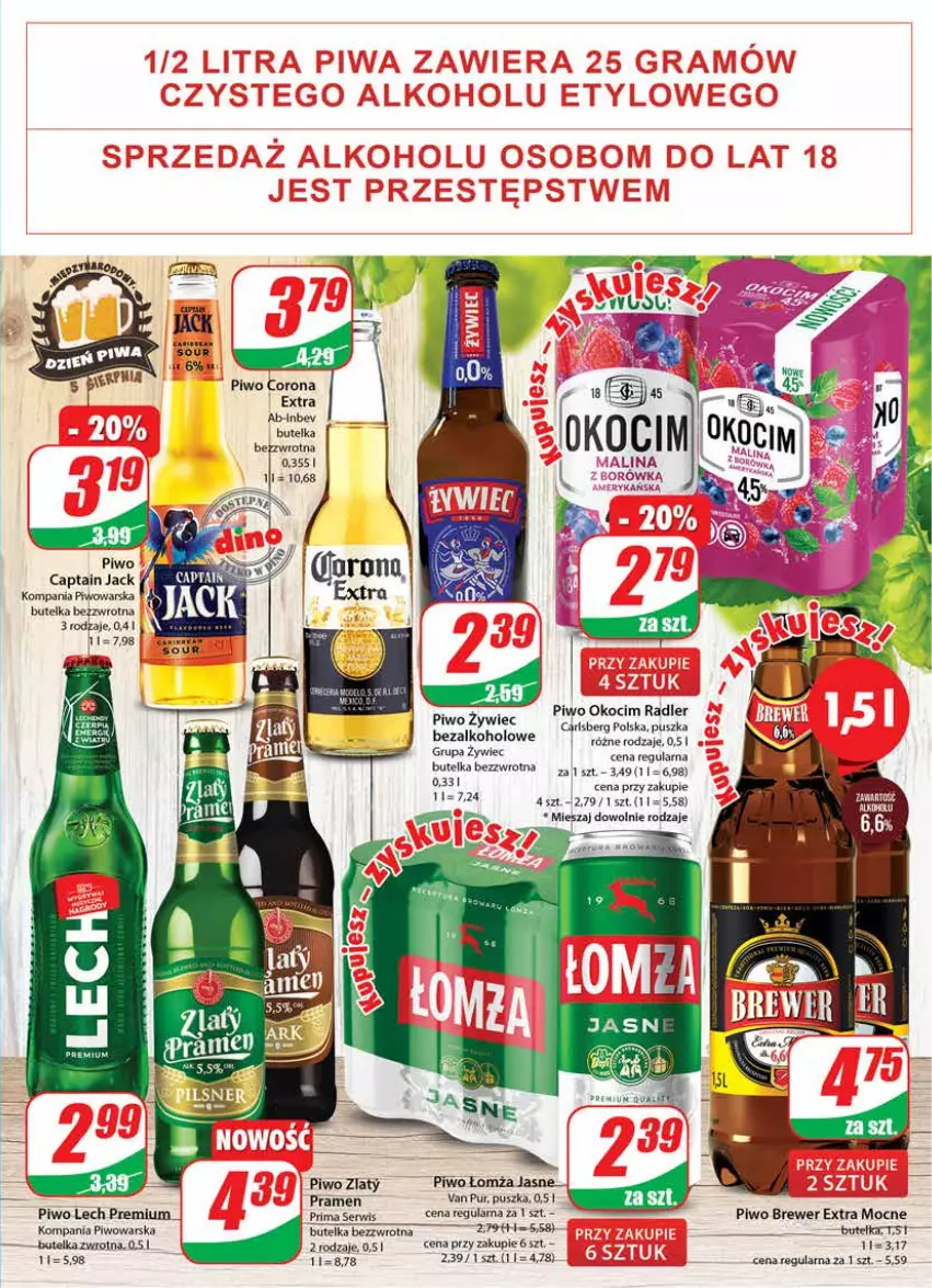 Gazetka promocyjna Dino - Gazetka - ważna 03.08 do 09.08.2022 - strona 17 - produkty: Captain Jack, Gin, Koc, Lech Premium, Okocim, Piwo, Prima, Pur, Radler, Ser