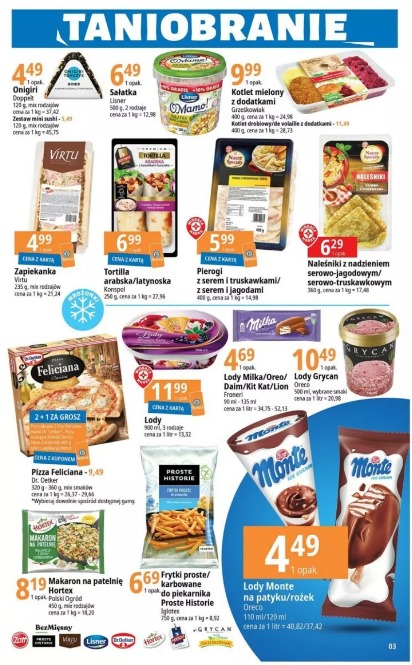 Gazetka promocyjna E Leclerc - ważna 16.08 do 27.08.2023 - strona 6 - produkty: Dr. Oetker, Dres, Feliciana, Gry, Hortex, Kit Kat, Kotlet, LG, Lion, Lody, Makaron, Milka, Naleśniki, Oreo, Piekarnik, Pierogi, Pizza, Sałat, Sałatka, Ser, Tortilla, Zapiekanka