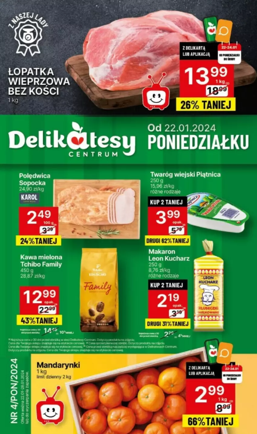 Gazetka promocyjna Delikatesy Centrum - ważna 22.01 do 24.01.2024 - strona 1 - produkty: Fa, Kawa, Kawa mielona, LG, Makaron, Piątnica, Tchibo, Tchibo Family, Twaróg