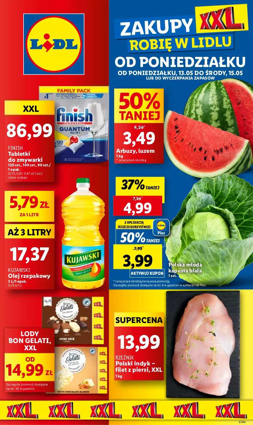 Gazetka promocyjna Lidl - GAZETKA - ważna 13.05 do 15.05.2024 - strona 1 - produkty: Arbuz, Finish, Kujawski, Lody, Olej, Olej rzepakowy, Tablet, Tabletki do zmywarki, Zmywarki