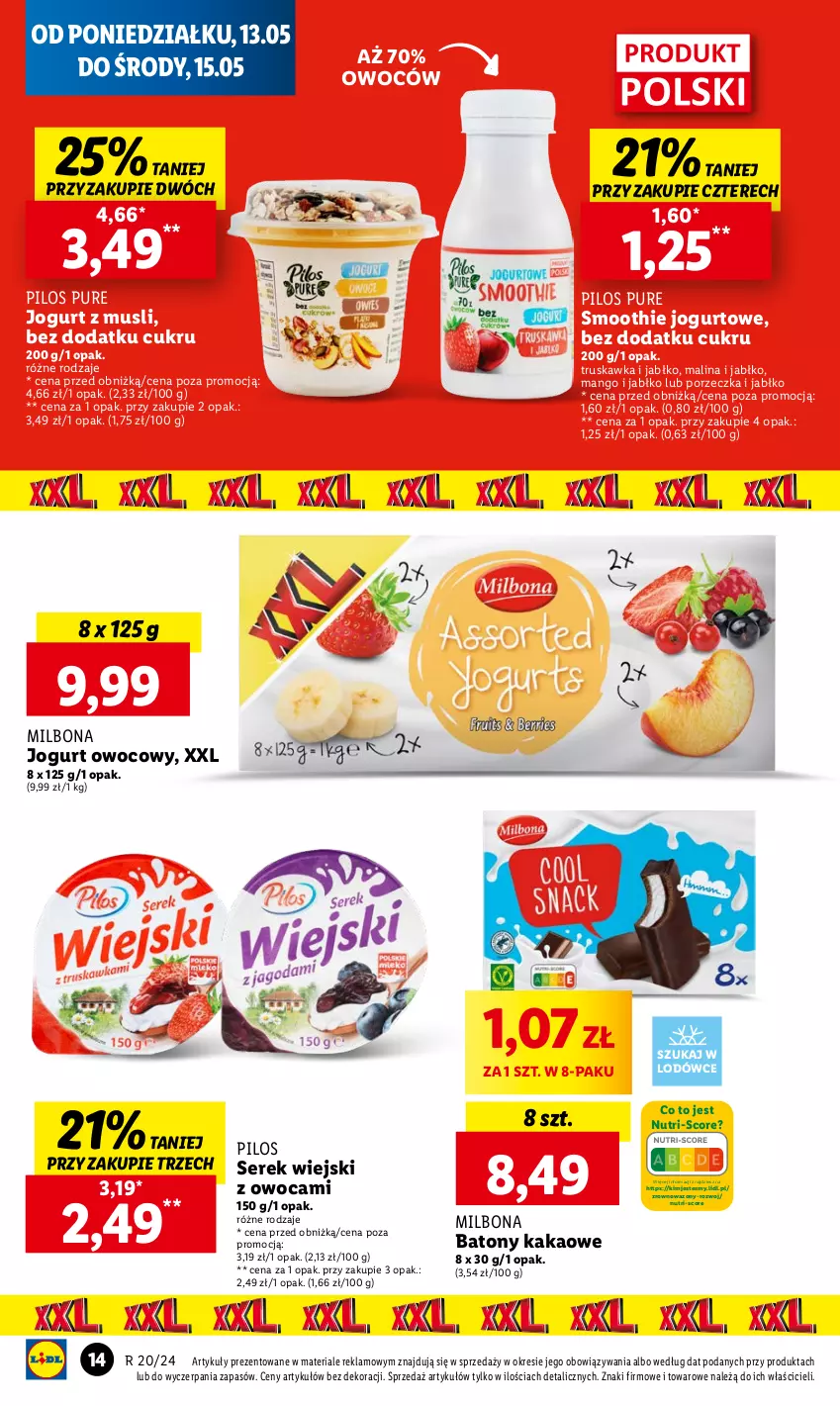 Gazetka promocyjna Lidl - GAZETKA - ważna 13.05 do 15.05.2024 - strona 16 - produkty: Baton, Jogurt, Jogurt owocowy, Kakao, Mango, Mus, Pilos, Por, Pur, Ser, Serek, Serek wiejski, Smoothie, Wazon