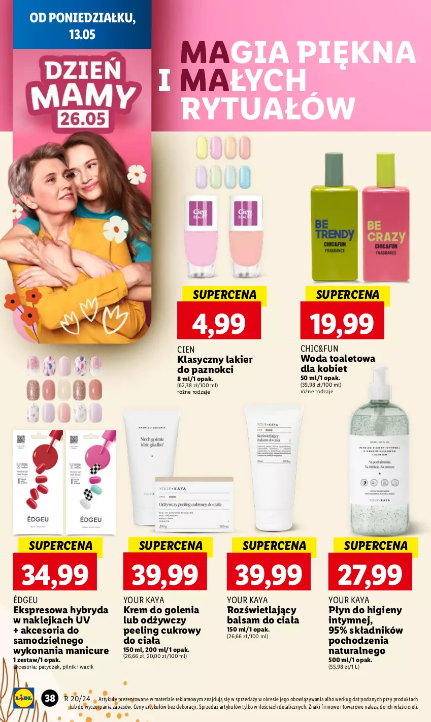 Gazetka promocyjna Lidl - GAZETKA - ważna 13.05 do 15.05.2024 - strona 42 - produkty: Balsam do ciała, Klej, Krem do golenia, Lakier, Lakier do paznokci, Peeling, Pilnik, Płyn do higieny intymnej, Woda, Woda toaletowa