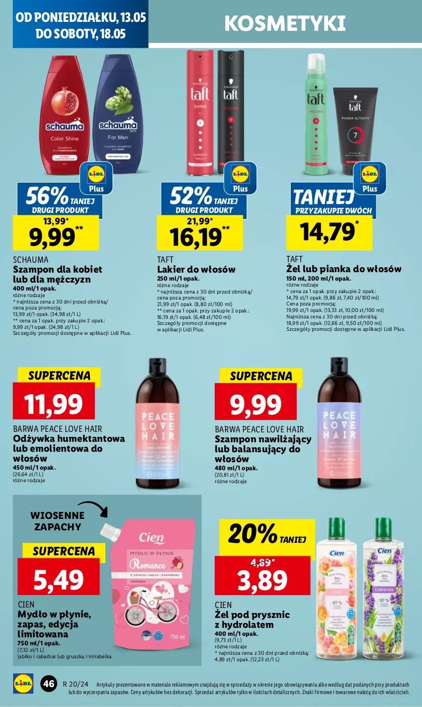 Gazetka promocyjna Lidl - GAZETKA - ważna 13.05 do 15.05.2024 - strona 50 - produkty: Hydrolat, Lakier, Lakier do włosów, Mydło, Mydło w płynie, Odżywka, Pianka do włosów, Schauma, Szampon, Taft