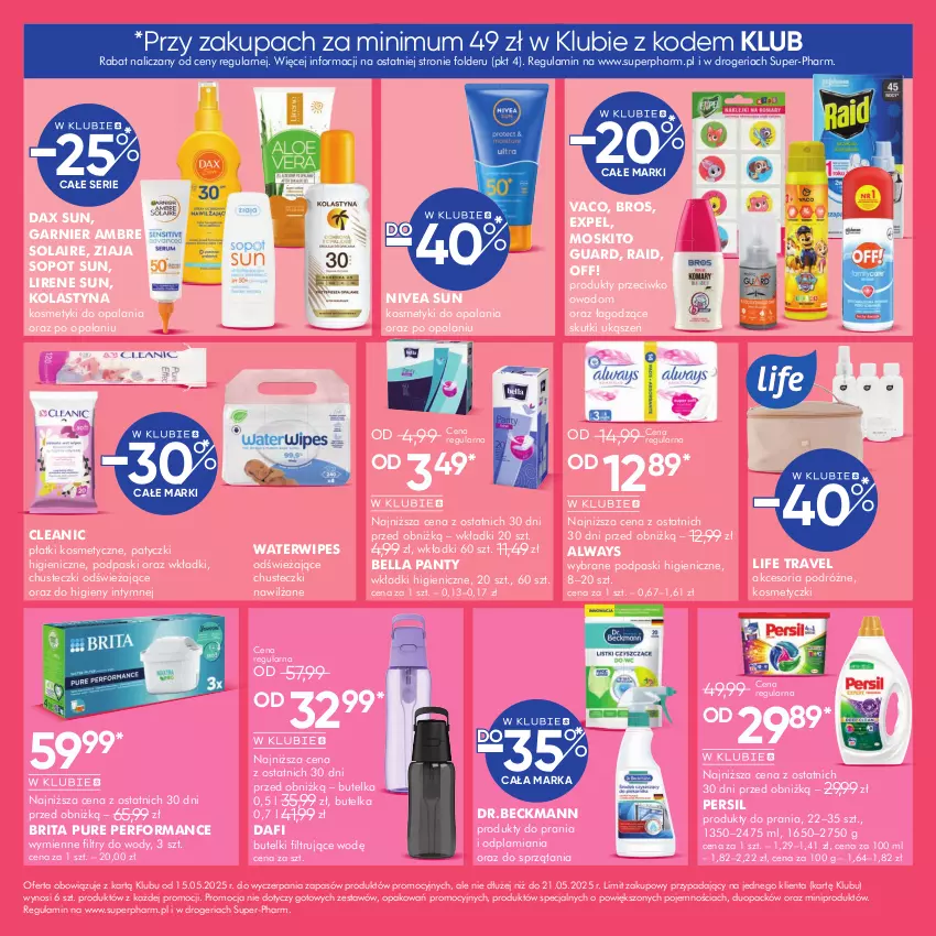 Gazetka promocyjna Super Pharm - Gazetka - ważna 15.05 do 21.05.2025 - strona 10 - produkty: Always, Bell, Bella, Brit, Brita, Chusteczki, Cleanic, DAX, Garnier, Lirene, Nivea, Persil, Płatki kosmetyczne, Podpaski, Pur, Ser, Wkładki, Ziaja