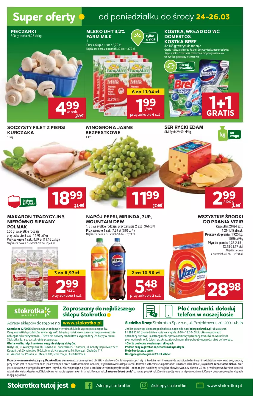 Gazetka promocyjna Stokrotka - Market - ważna 20.03 do 26.03.2025 - strona 23 - produkty: 7up, Bref, Domestos, Dres, Edam, Fa, Farm Milk, Filet z piersi kurczaka, Gra, HP, JBL, Kurczak, Makaron, Mirinda, Mleko, Napój, Olma, Pepsi, Piec, Rycki Edam, Ser, Telefon, Vizir, Wino, Winogrona