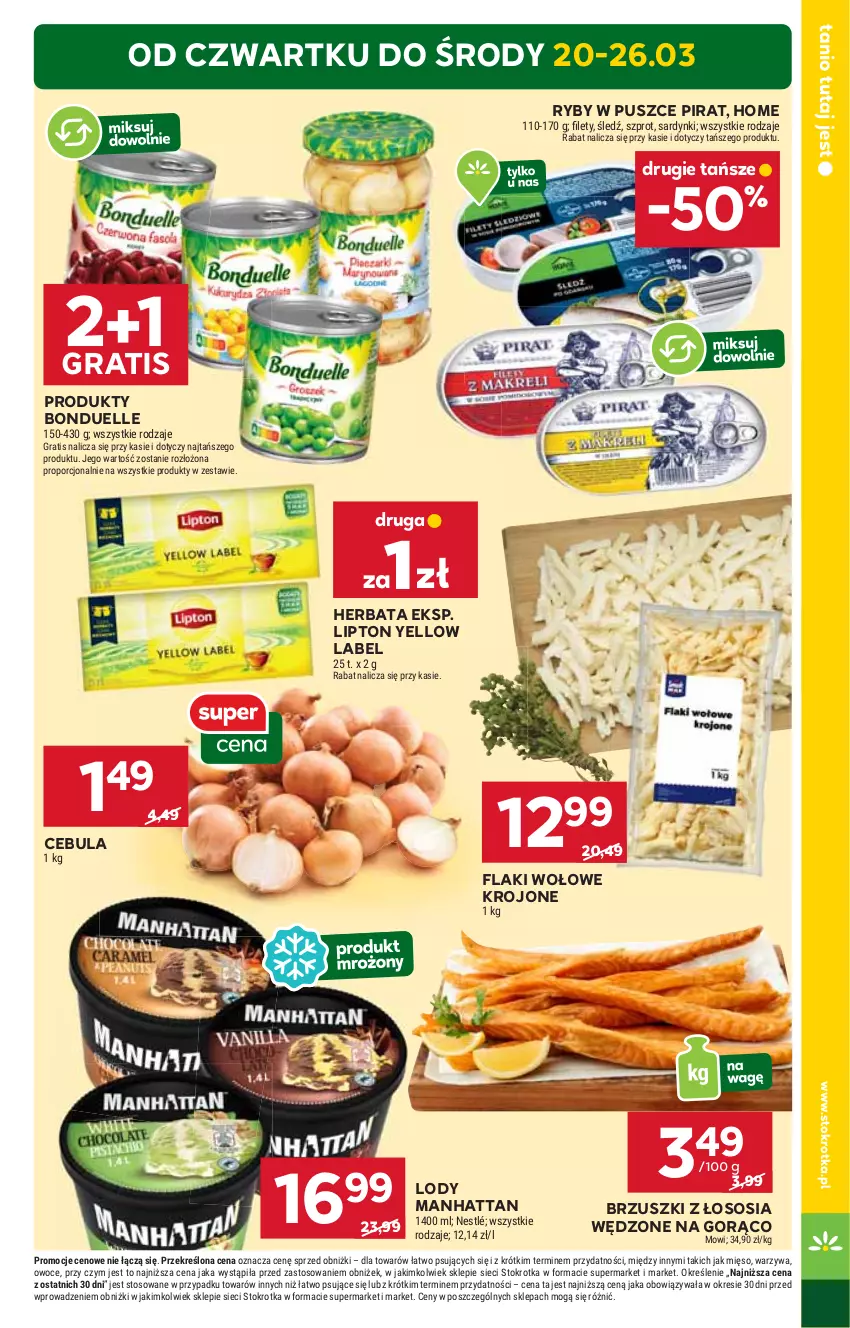 Gazetka promocyjna Stokrotka - Market - ważna 20.03 do 26.03.2025 - strona 3 - produkty: Bonduelle, Brzuszki z łososia, Cebula, Flaki, Flaki wołowe, Gra, Herbata, HP, Lipton, Lody, Nestlé, Sos