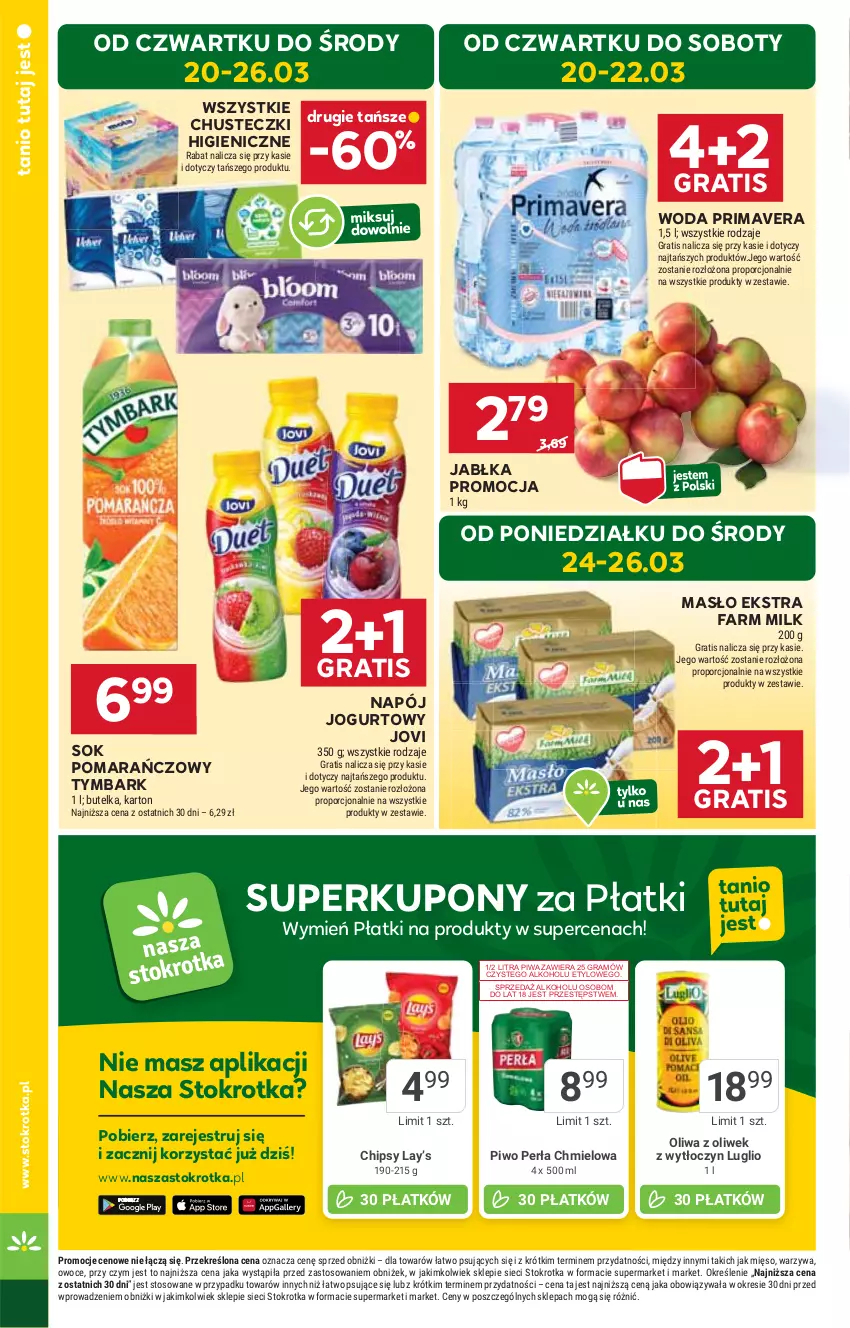 Gazetka promocyjna Stokrotka - Market - ważna 20.03 do 26.03.2025 - strona 4 - produkty: Chipsy, Chusteczki, Fa, Farm Milk, Gra, HP, Jabłka, Jogurt, Lay’s, Masło, Napój, Napój jogurtowy, Piwa, Prima, Primavera, Sok, Sok pomarańczowy, Tymbark, Woda