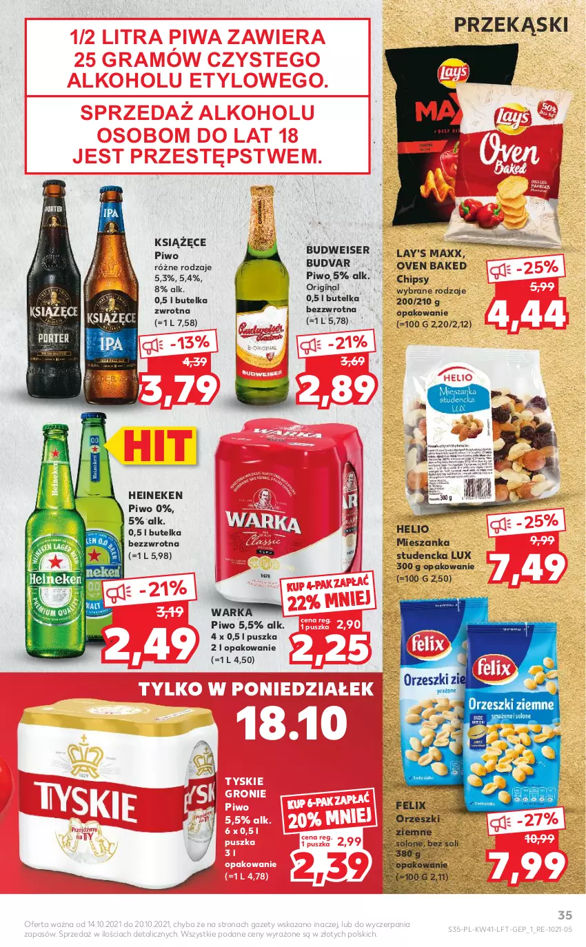 Gazetka promocyjna Kaufland - OFERTA TYGODNIA - ważna 14.10 do 20.10.2021 - strona 35 - produkty: Chipsy, Felix, Gin, Gra, Heineken, Helio, Książęce, Mieszanka studencka, Orzeszki, Orzeszki ziemne, Piwa, Piwo, Ser, Tyskie, Warka