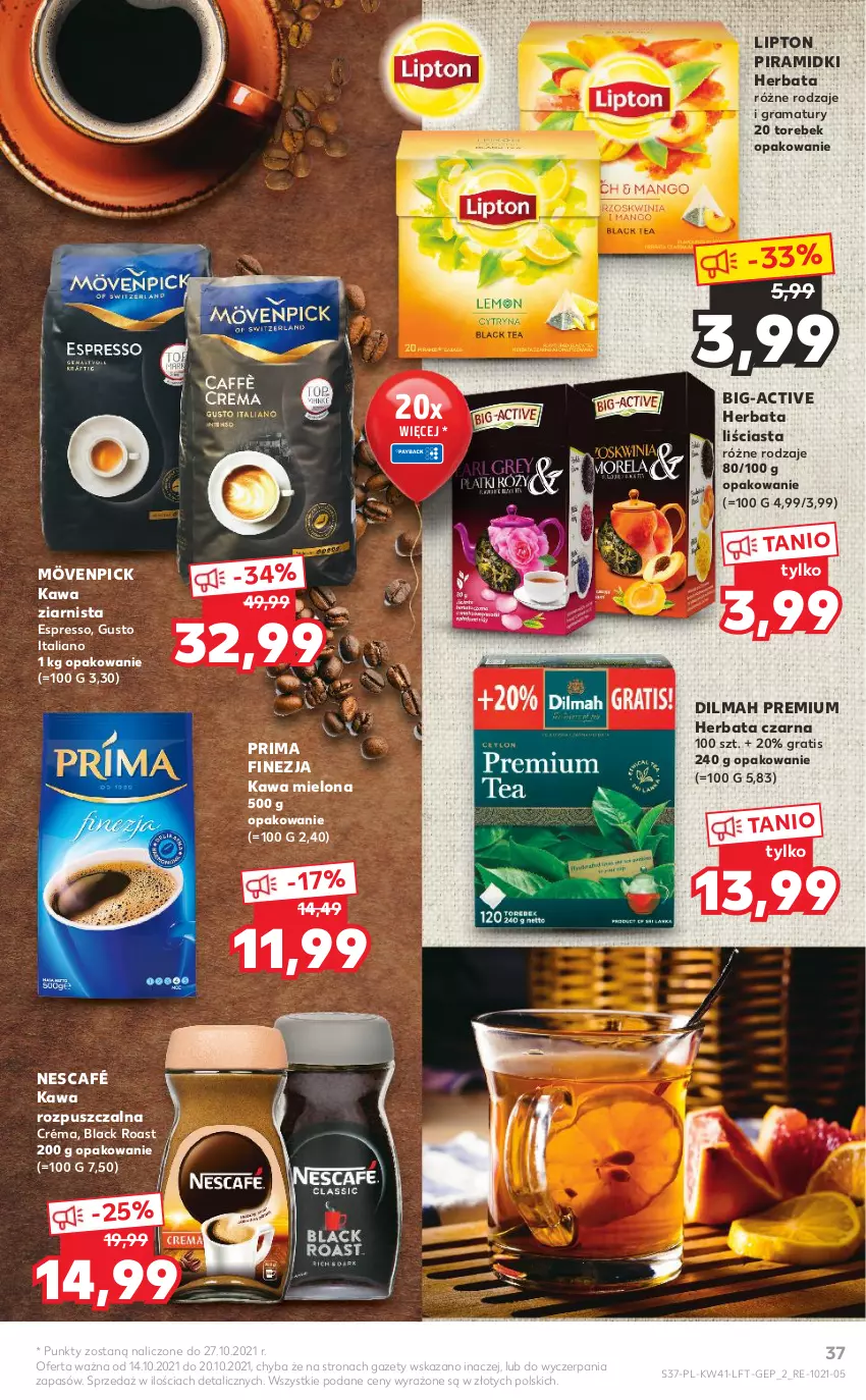 Gazetka promocyjna Kaufland - OFERTA TYGODNIA - ważna 14.10 do 20.10.2021 - strona 37 - produkty: Dilmah, Gra, Herbata, Herbata czarna, Kawa, Kawa mielona, Kawa rozpuszczalna, Kawa ziarnista, Lack, Lipton, Nescafé, Prima, Rama