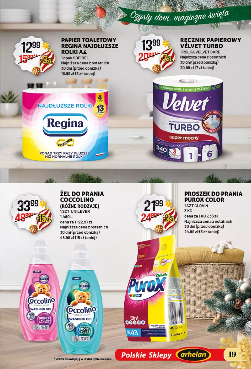 Gazetka promocyjna Arhelan - Gazetka - ważna 28.11.2025 do 05.01.2026 - strona 19 - produkty: Coccolino, Gin, Lovi, Papier, Papier toaletowy, Proszek do prania, Pur, Ręcznik, Rolki, Velvet