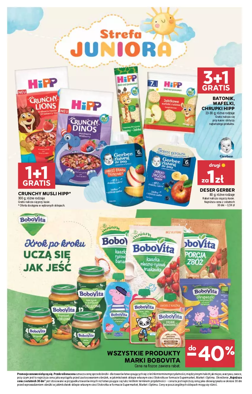 Gazetka promocyjna Stokrotka - Supermarket - ważna 16.07 do 22.07.2026 - strona 42 - produkty: Baton, BoboVita, Chrupki, Deser, Gerber, Gra, HiPP, Mięso, Mus, Optima, Owoce, Ser, Tonik, Vita C, Warzywa