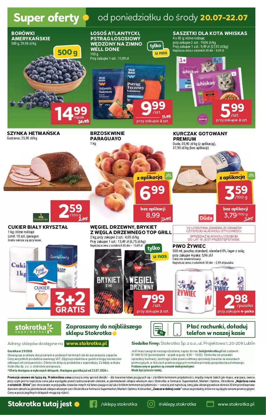 Gazetka promocyjna Stokrotka - Supermarket - ważna 16.07 do 22.07.2026 - strona 45 - produkty: Brzoskwinie, Cukier, Dres, Duda, Gra, Grill, JBL, Kurczak, Kurczak gotowany, Mięso, O nas, Optima, Owoce, Piwa, Piwo, Pstrąg, Pstrąg łososiowy, Sos, Szynka, Telefon, Top, Wagi, Warzywa, Węgiel drzewny, Whiskas