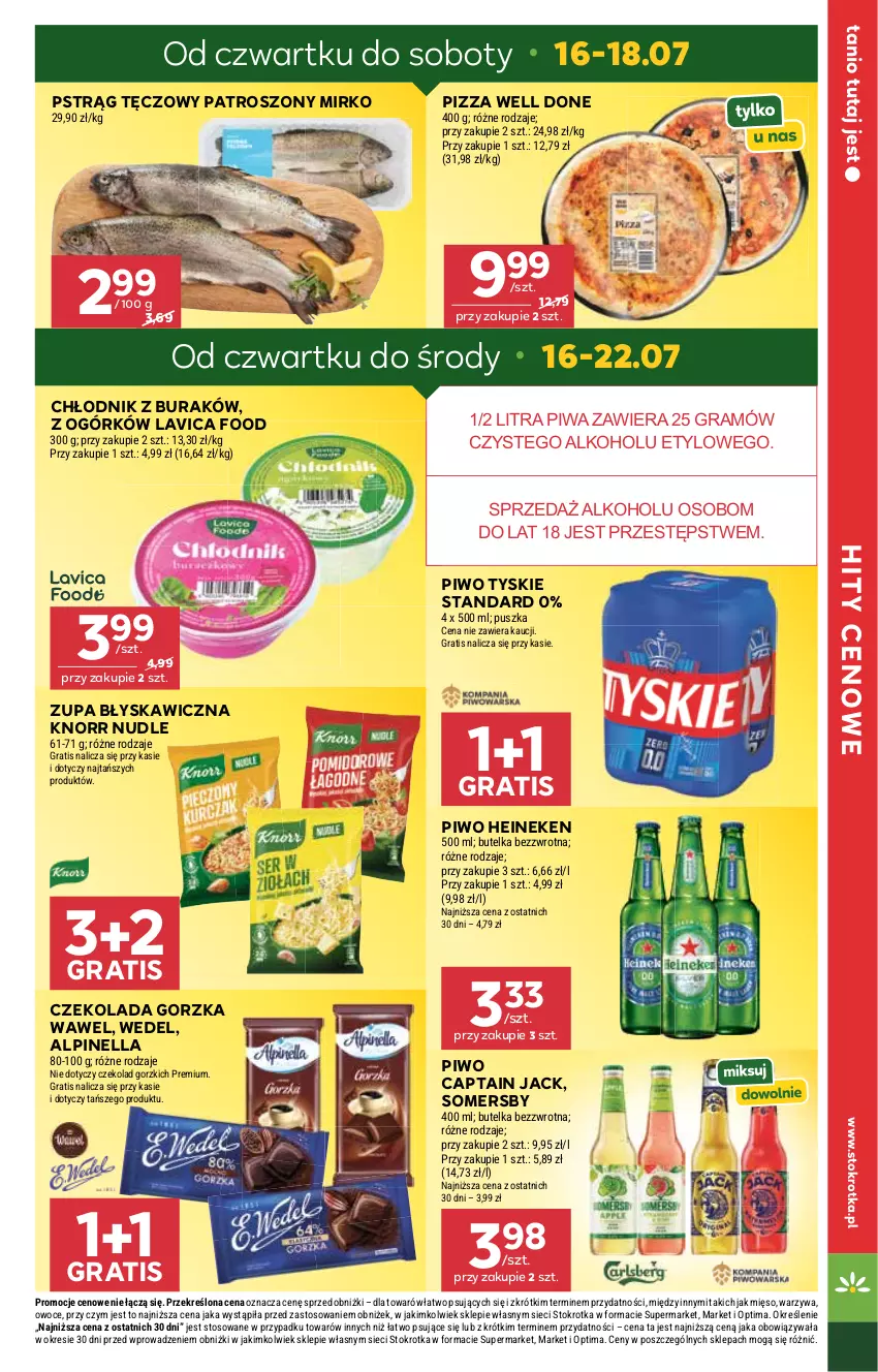Gazetka promocyjna Stokrotka - Supermarket - ważna 16.07 do 22.07.2026 - strona 5 - produkty: Captain Jack, Czekolada, Czekolada gorzka, Gra, Heineken, Knorr, Mięso, Optima, Owoce, Piwa, Piwo, Pizza, Pstrąg, Pstrąg tęczowy, Somersby, Tyskie, Warzywa, Wawel, Zupa