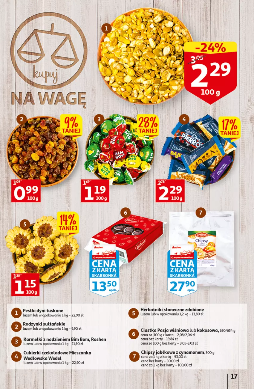 Gazetka promocyjna Auchan - Gazetka Koszyk Oszczędności Auchan Hipermarkety - ważna 13.10 do 19.10.2022 - strona 17 - produkty: Chipsy, Ciastka, Cukier, Cukierki, Cukierki czekoladowe, Herbatniki, Kokos, Mieszanka wedlowska, Rodzynki