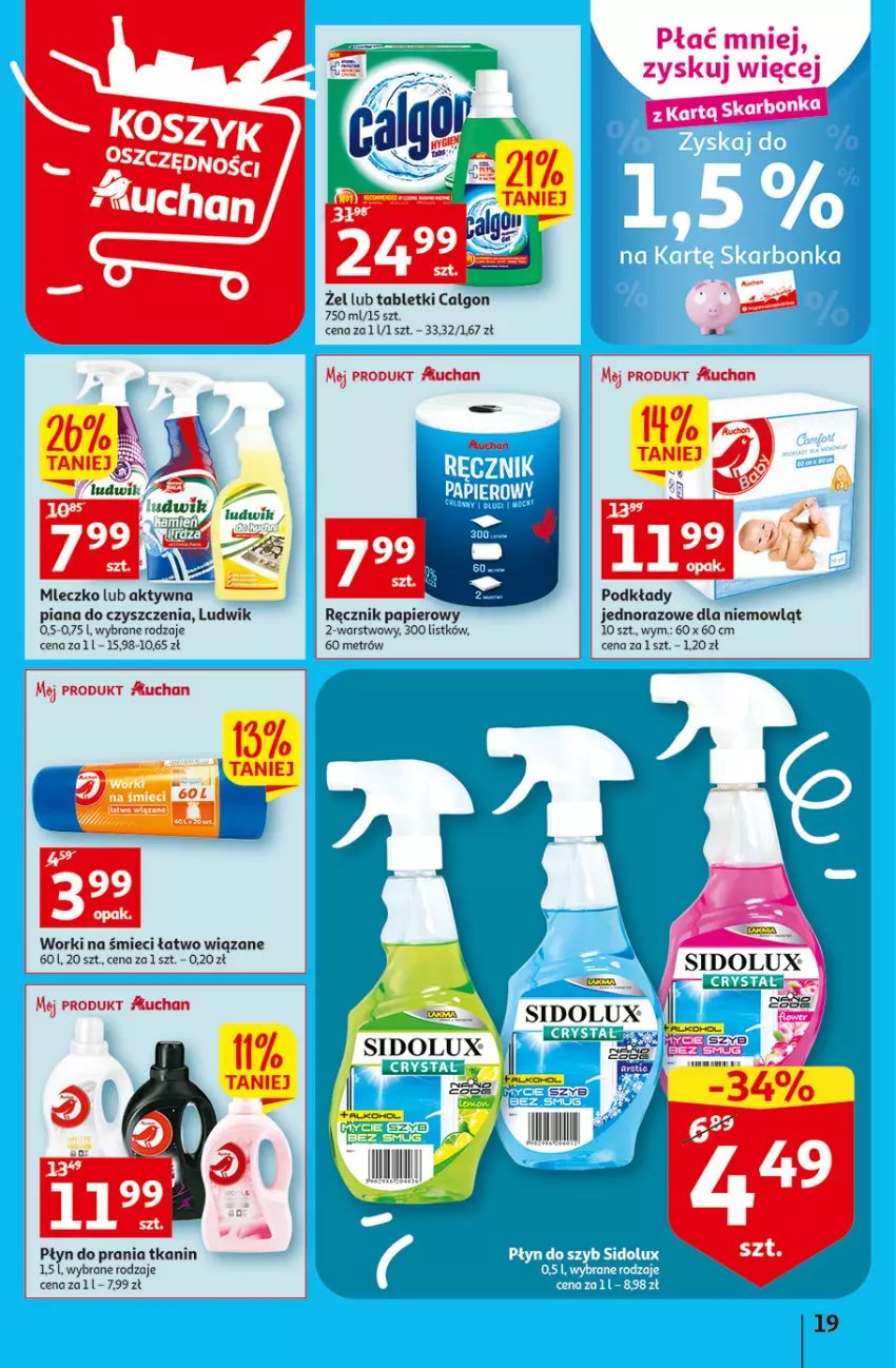 Gazetka promocyjna Auchan - Gazetka Koszyk Oszczędności Auchan Hipermarkety - ważna 13.10 do 19.10.2022 - strona 19 - produkty: Calgon, LG, Ludwik, Mleczko, Papier, Płyn do prania, Podkład, Ręcznik, Sidolux, Tablet, Worki na śmiec, Worki na śmieci