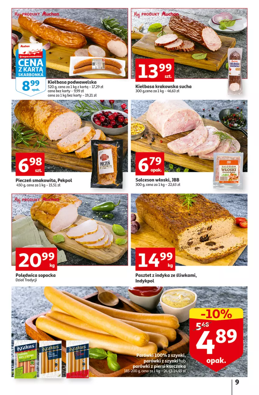 Gazetka promocyjna Auchan - Gazetka Koszyk Oszczędności Auchan Hipermarkety - ważna 13.10 do 19.10.2022 - strona 9 - produkty: Kiełbasa, Kiełbasa krakowska, Kiełbasa podwawelska, Kurczak, Parówki, Parówki z szynki, Pasztet, Pasztet z indyka, Pekpol, Piec, Polędwica, Salceson, Smakowita, Wawel