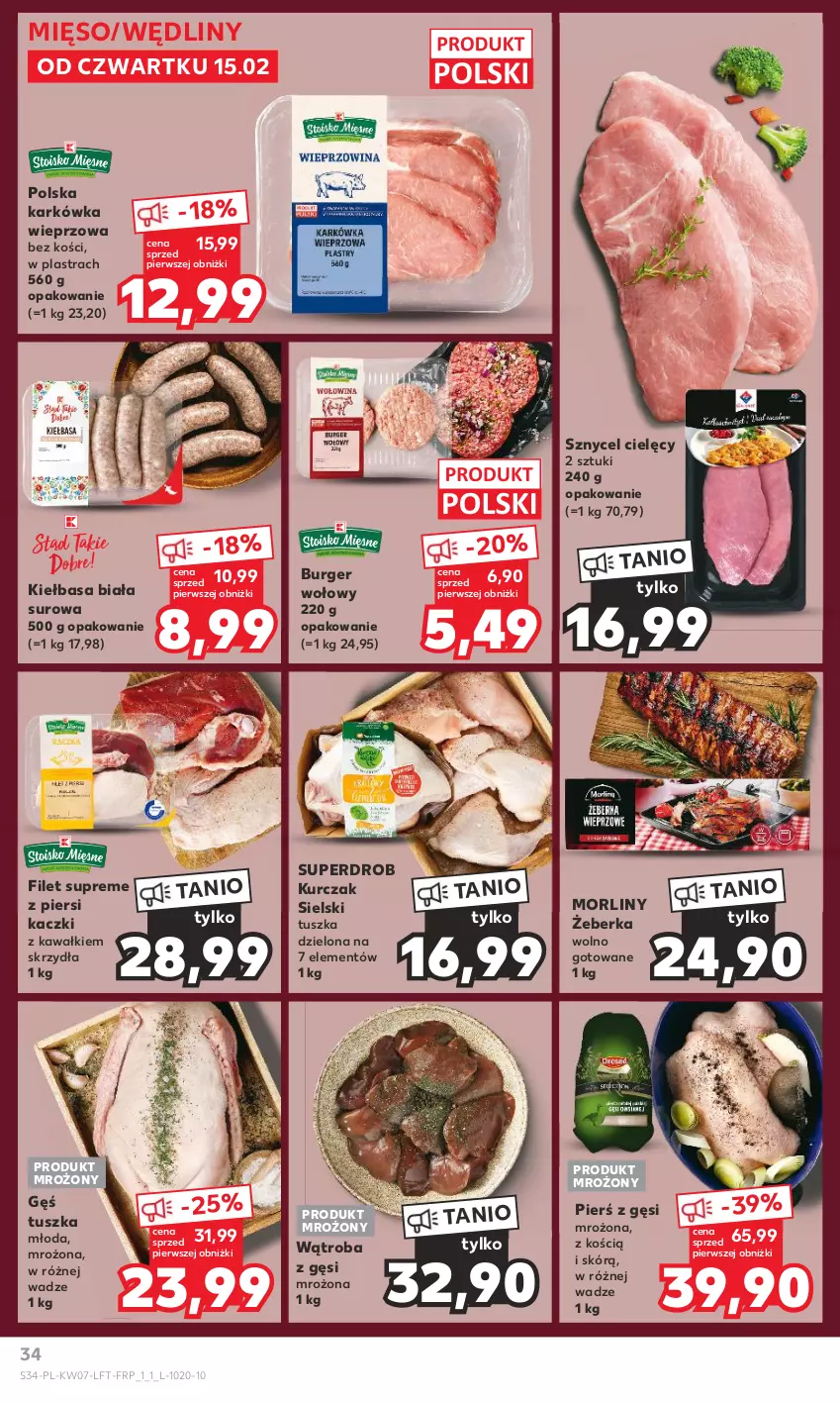 Gazetka promocyjna Kaufland - Gazetka tygodnia - ważna 15.02 do 21.02.2024 - strona 34 - produkty: Burger, Karkówka wieprzowa, Kawa, Kiełbasa, Kiełbasa biała, Kurczak, Mięso, Morliny, Tusz