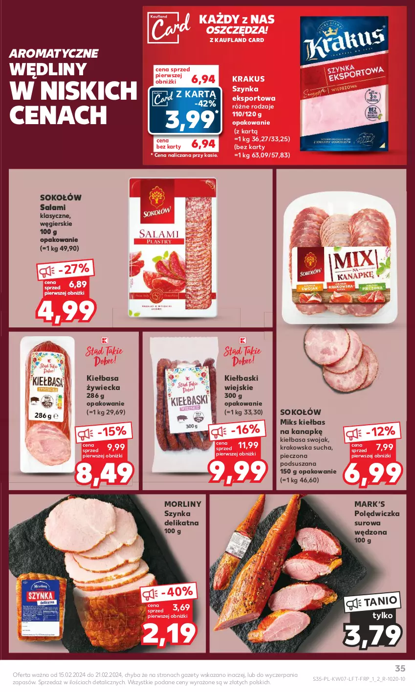 Gazetka promocyjna Kaufland - Gazetka tygodnia - ważna 15.02 do 21.02.2024 - strona 35 - produkty: Kiełbasa, Krakus, Morliny, Piec, Por, Salami, Sok, Sokołów, Sport, Szynka